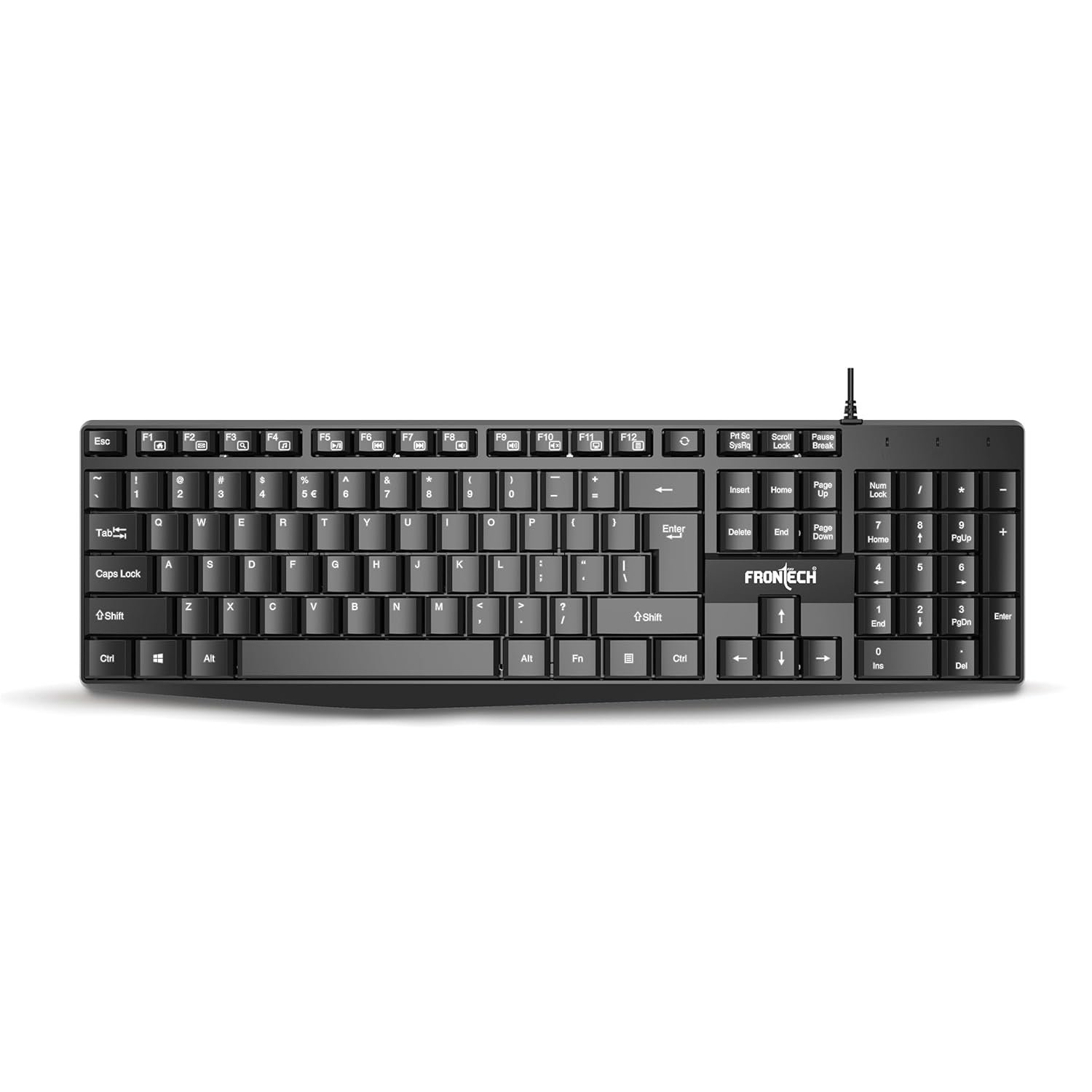 FRONTECH Multimedia USB Wired Keyboard, 105 Keys, 12 Hot Keys, Ergonomic Design with Adjustable Clips, Soft & Laser Printed Keys, Plug and Play (KB-1671)