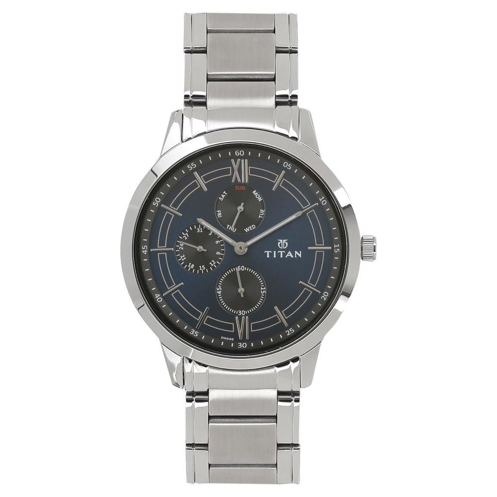Titan Workwear Quartz Multifunction Midnight Blue Dial Silver Stainless Steel Strap Watch for Men - NT1769SM01