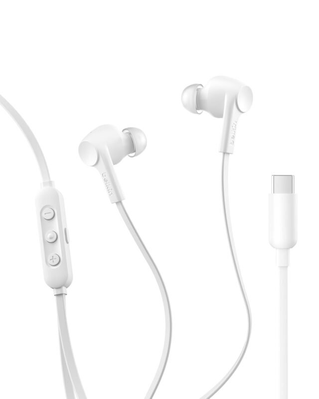 Belkin SoundForm Active Noise Cancelling Earbuds Wired with USB C Connector, IPX5-Rated, in-Ear Earphones w/Microphone for iPhone 17/16/15, iPad mini, Galaxy S25, Google Pixel 10, & More - White