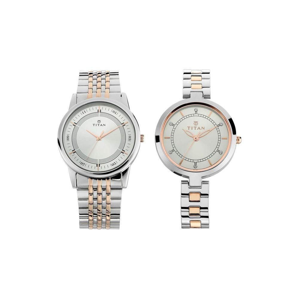 Titan Bandhan Quartz Analog Silver Dial Two Toned Silver and Rose Gold Stainless Steel Strap Watch for Couple - NT17732603KM01