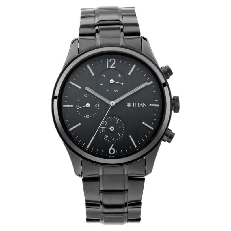 Titan Workwear Quartz Multifunction Black Dial Black Metal Strap Watch for Men - NT1805NM02