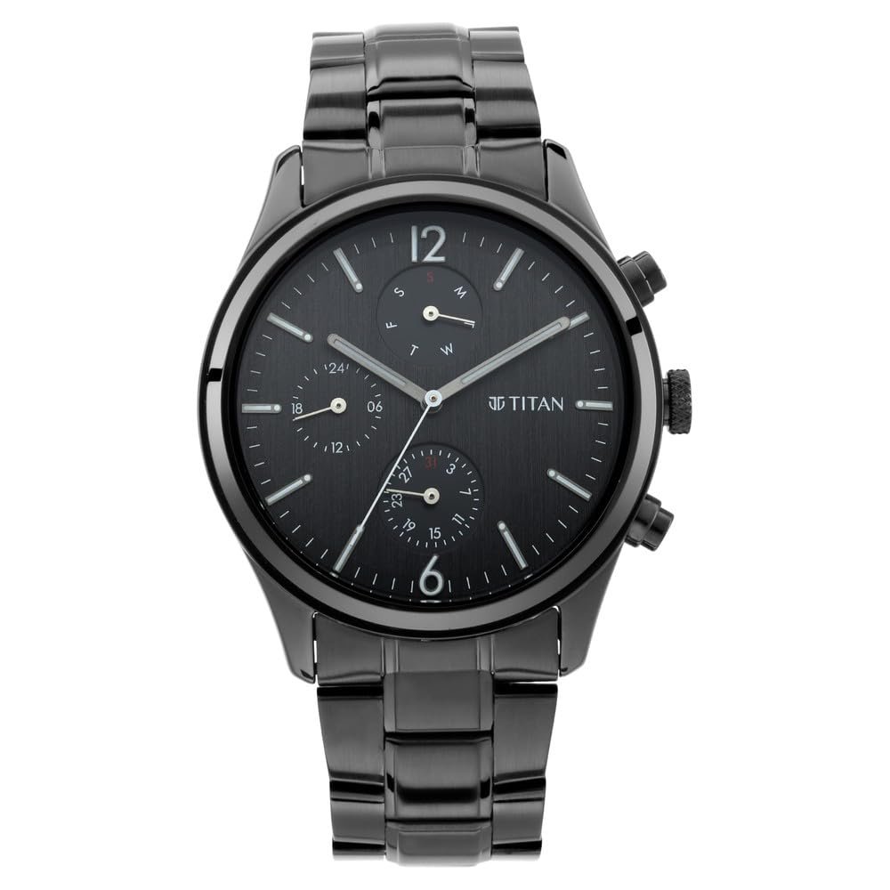 Titan Workwear Quartz Multifunction Black Dial Black Metal Strap Watch for Men - NT1805NM02
