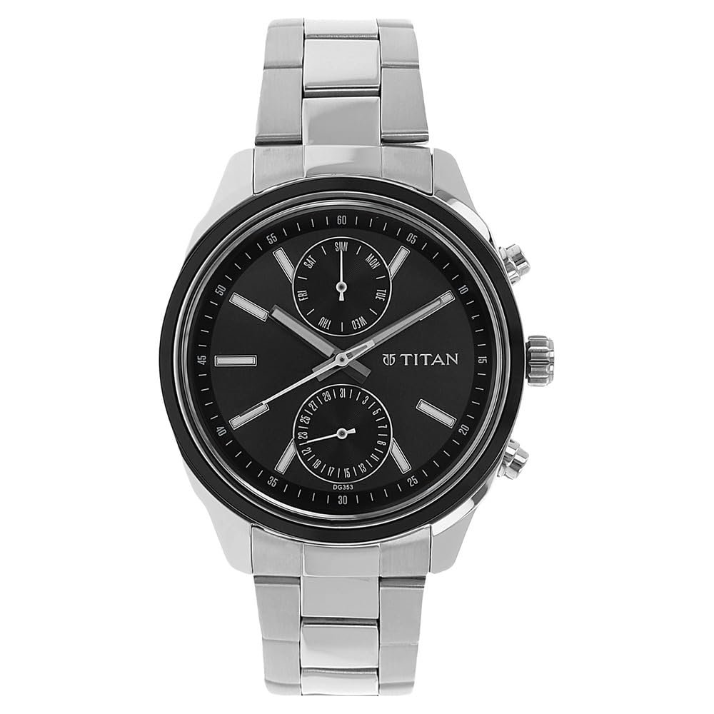 Titan Men's Metropolitan Luxe: Multifunction Dark Grey Dial with Two-Tone Stainless Steel Bracelet Watch-NS1733KM01