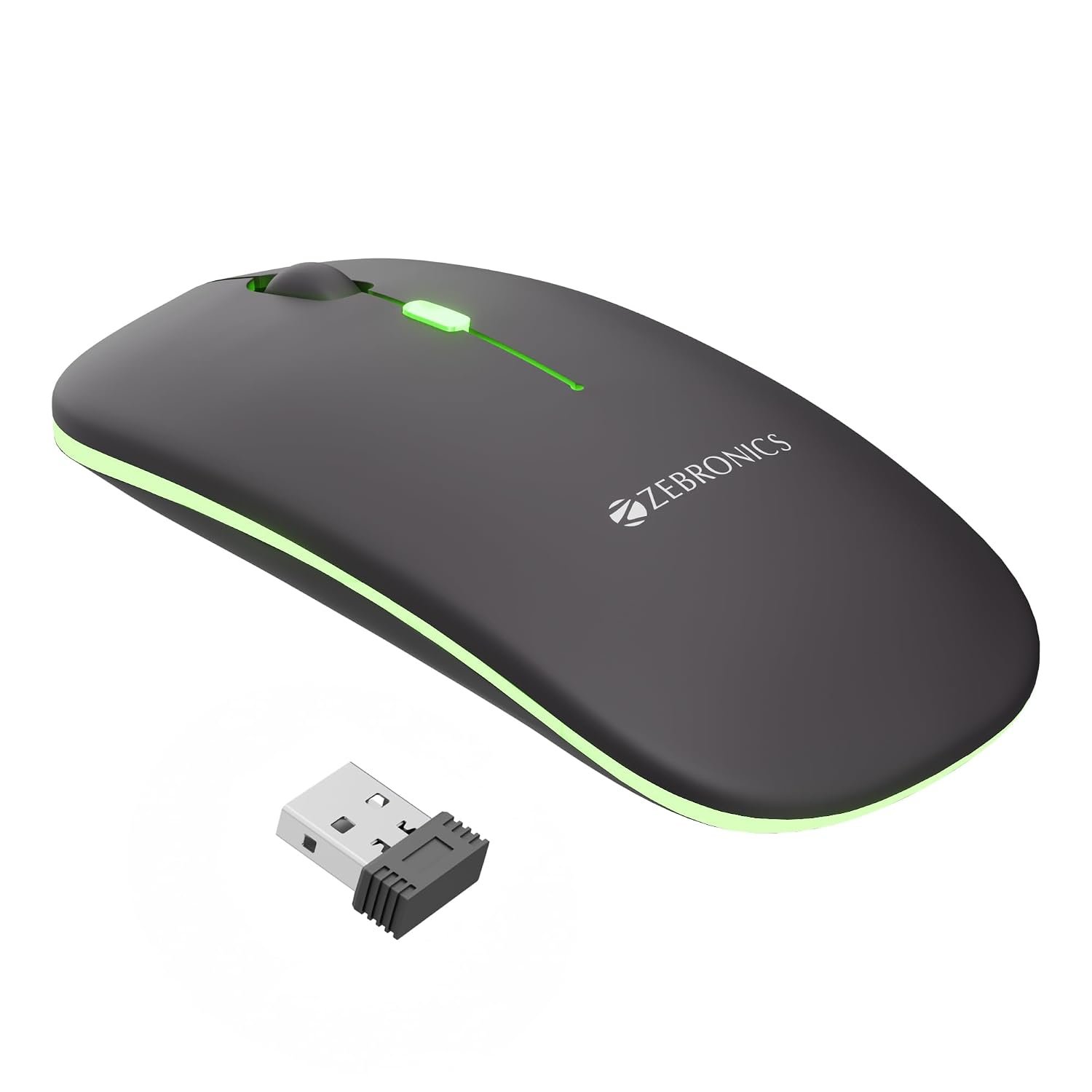 Zebronics Wireless Mouse, Dual Mode 2.4GHz + BT, Up to 1600 DPI, USB Nano Receiver, Lightweight Design, Multicolor LED Lights, Rechargeable Battery (Blanc, Grey)