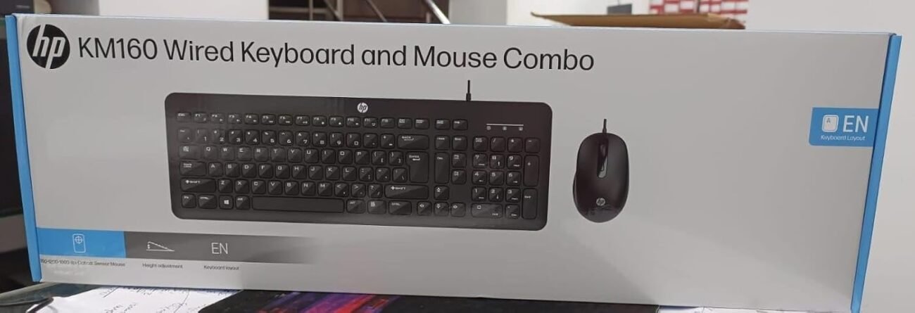 HP KM160 Wired Keyboard and Mouse Combo Full-Size Keyboard, 1600 DPI Ergonomic Optical Sensor Mouse, Instant USB Plug-and-Play, 12 Shortcut Keys, Adjustable Slope Keyboard (3-Years Warranty)