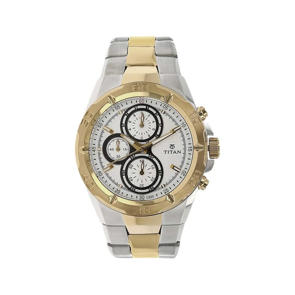 Titan Regalia Quartz Chronograph White Dial Two Toned Silver and Gold Stainless Steel Strap Watch for Men - NT9308BM01