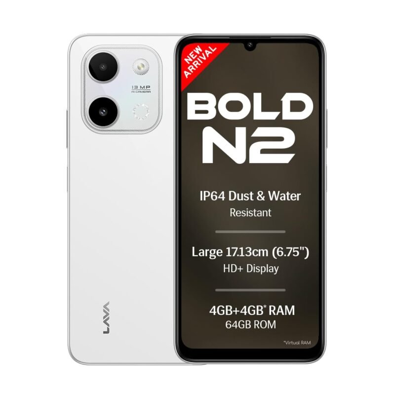 Lava Bold N2 (Siachen White, 4 GB RAM, 64 GB Storage) | 13MP AI Dual Rear Camera | Largest 6.75" HD+ Display | 5000 mAh Battery & 10W Charging | IP64 Water & Dust Proof | Charger & Phone-Case in Box