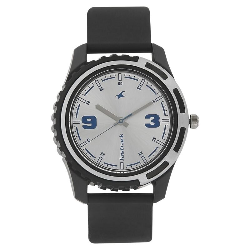 Fastrack Bare Basics Quartz Analog Silver Dial Black Plastic Strap Watch for Guys - NS3114PP02