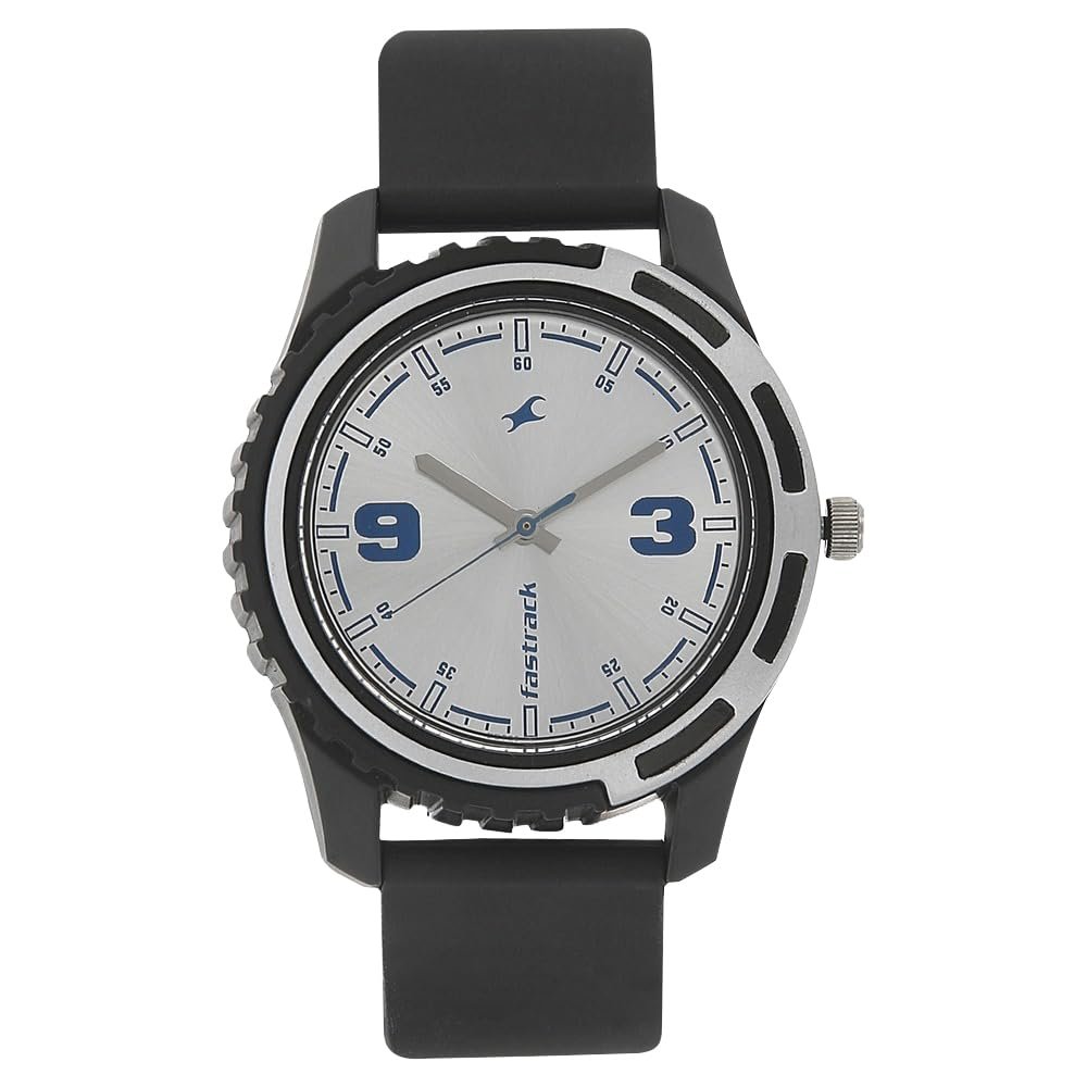 Fastrack Bare Basics Quartz Analog Silver Dial Black Plastic Strap Watch for Guys - NS3114PP02