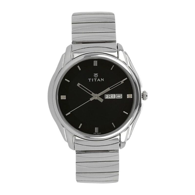 Titan Karishma Quartz Analog with Day and Date Black Dial Silver Stainless Steel Strap Watch for Men - NT1578SM04