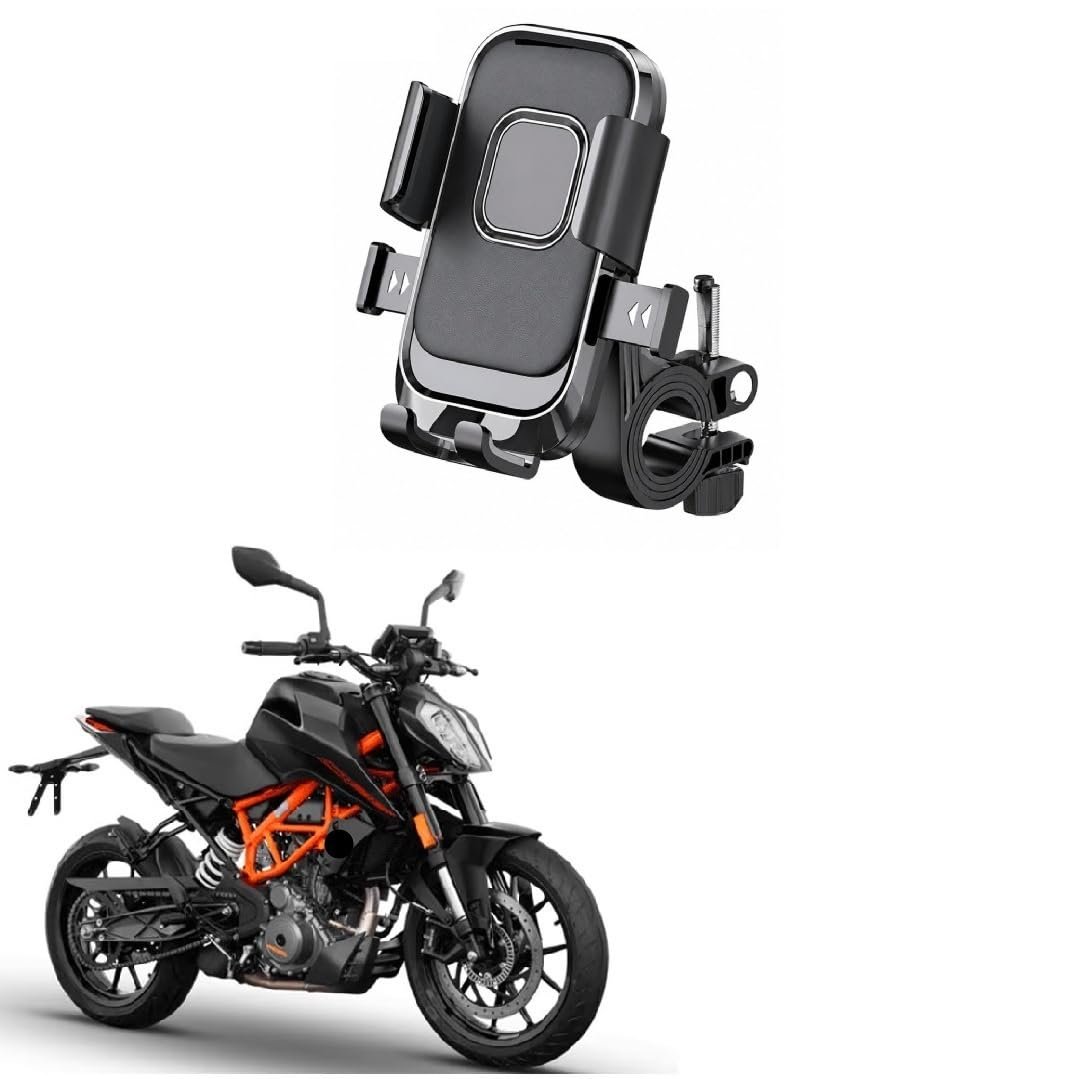 Bike Mobile Holder for Motorcycle & Scooter, One Touch Auto Lock Phone Mount, 360° Rotatable Handlebar Phone Stand, Secure Mechanical Lock, Adjustable Smartphone Holder for 390 Duke