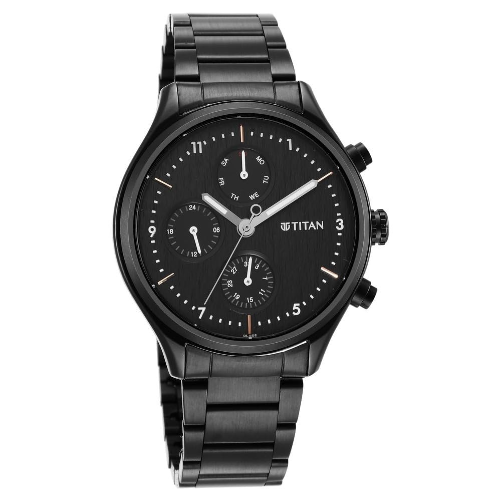 Titan Neo Quartz Multifunction Black Dial Black Stainless Steel Strap Watch for Men - NT1803NM01