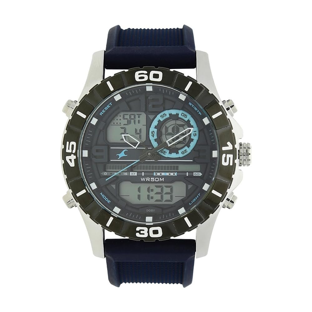 Fastrack Quartz Analog Digital Grey Dial Dark Blue Silicone Strap Watch for Guys - NT38035SP02