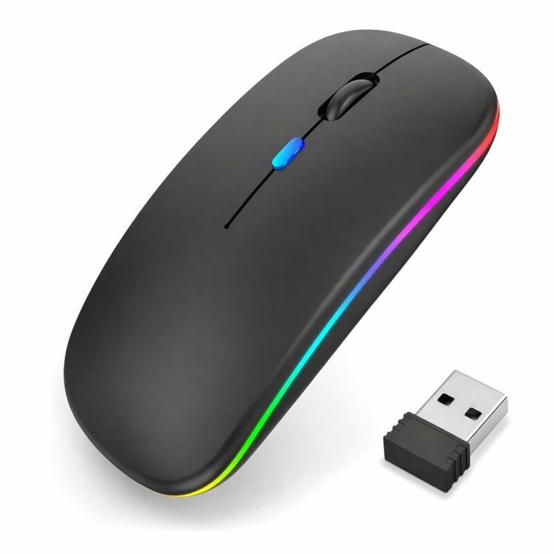 PowerHaus Dual Mode Rechargeable Wireless Mouse, Bluetooth + 2.4GHz Connectivity, Silent Clicks, Adjustable 1600 DPI, RGB LED Lights, Nano USB Receiver, Slim Portable Design – Black