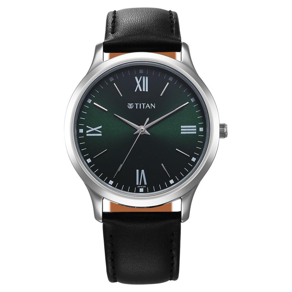 Titan Karishma Quartz Analog Green Dial Black Leather Strap Watch for Men - NT1825SL16