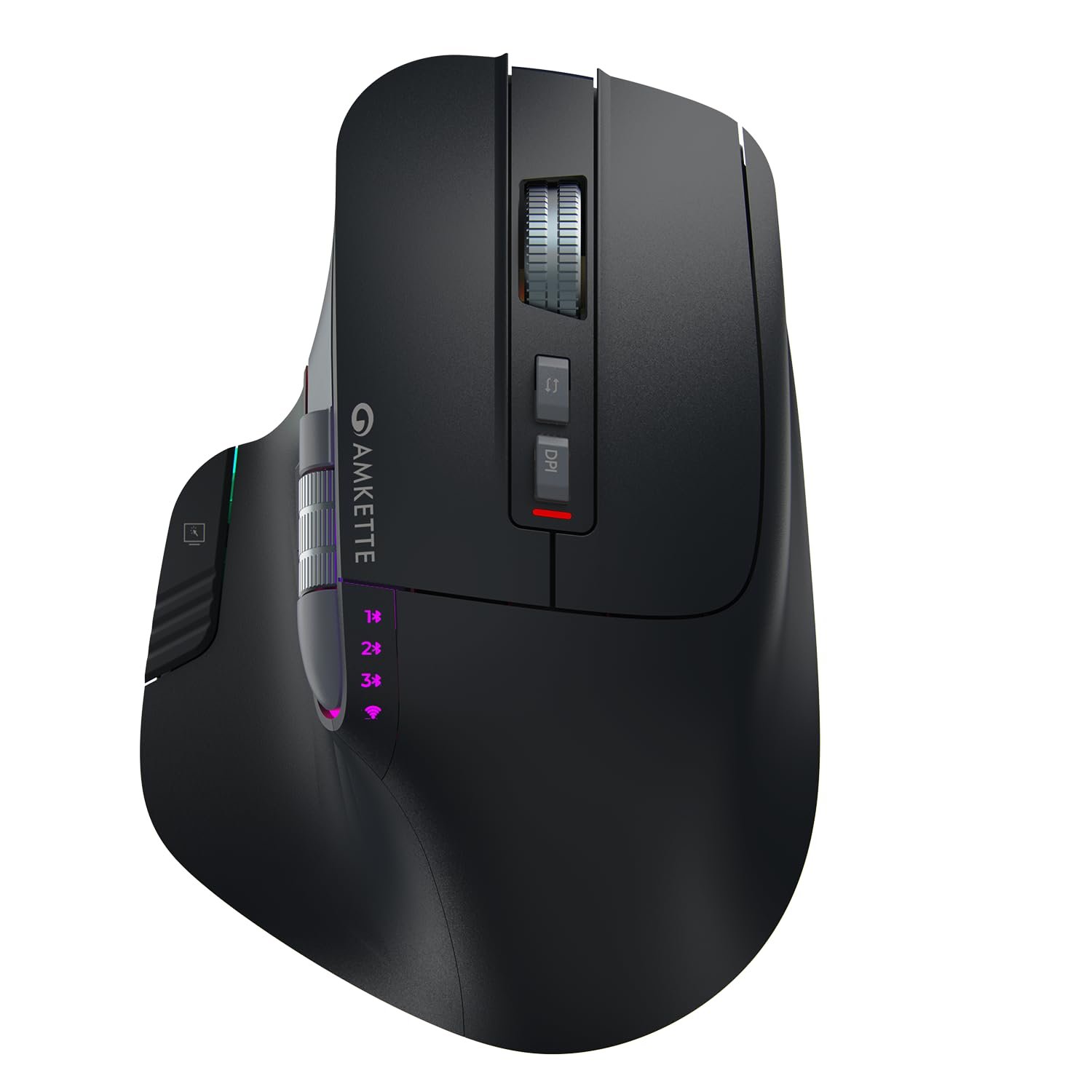 Amkette XS Series Flow Ergonomic Wireless Mouse/Bluetooth Mouse with Side Scroll, 2.4GHz & 3X BT, 8 Buttons, Multi-OS, Rechargeable, 3200 DPI, RGB Lighting, Productivity Design, 2 Yrs Warranty