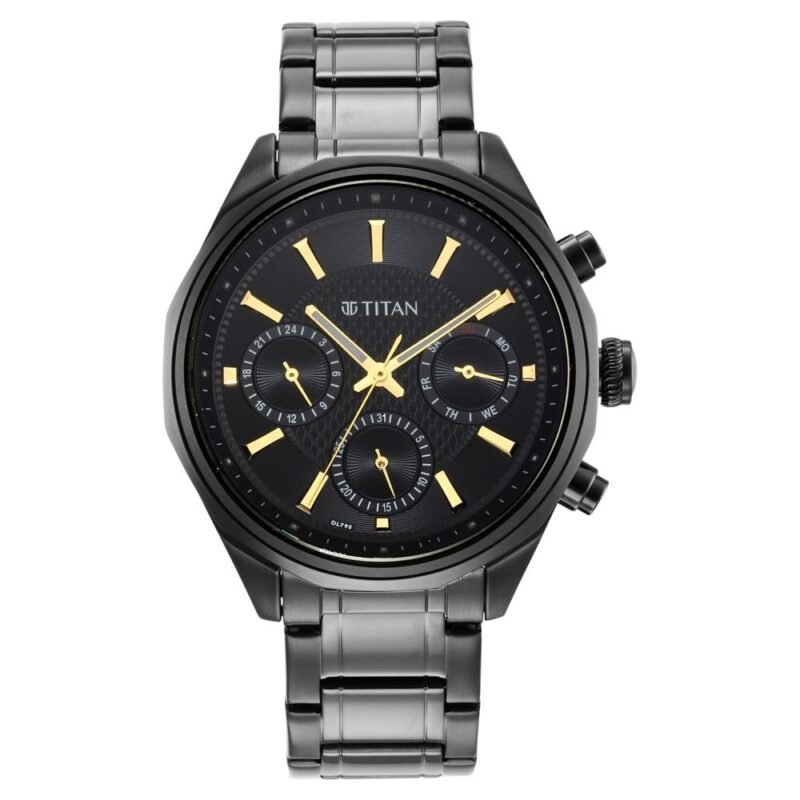Titan Regalia Quartz Multifunction Black Dial Stainless Steel Strap Watch for Men-NS1829NM02