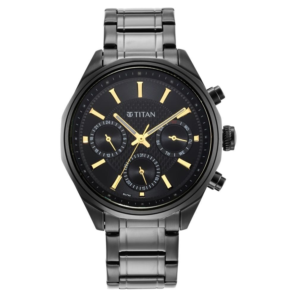 Titan Regalia Quartz Multifunction Black Dial Stainless Steel Strap Watch for Men-NS1829NM02