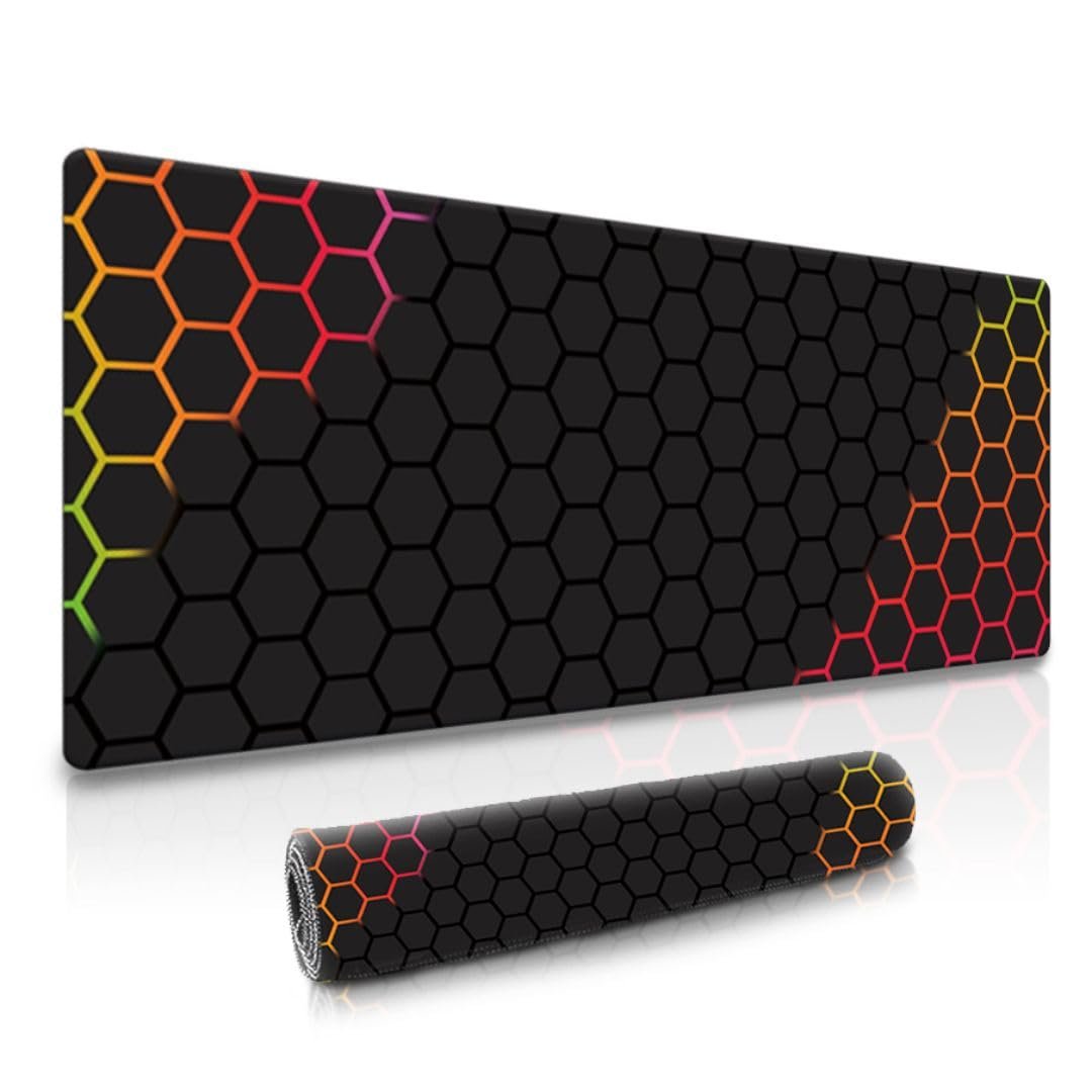 Dyazo Hexagonal Pattern Desk Mat | Water-Resistant Anti-Slip Desk Pad | Extended Gaming Mouse Pad with Rubber Stitched Edges (800mm x 300mm x 3mm) for Laptop & Computer – Black & Orange