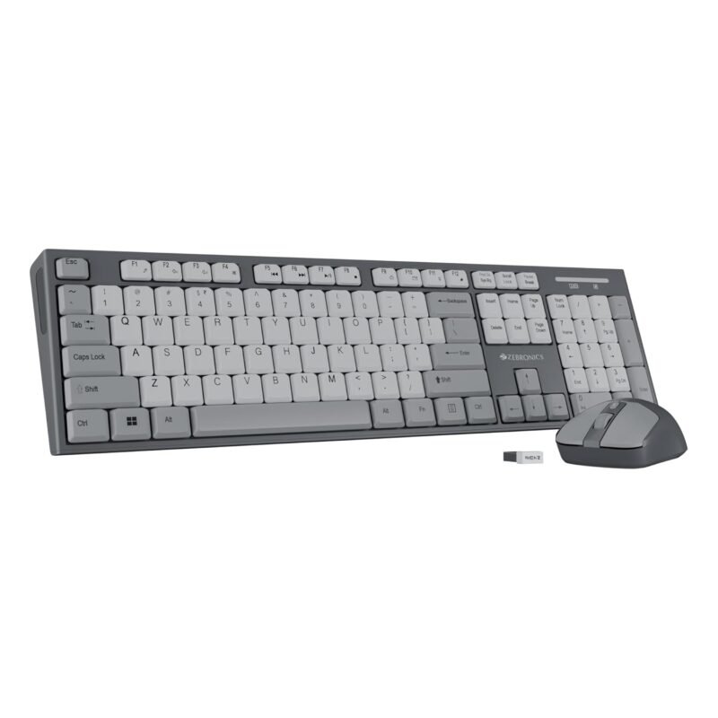Zebronics Wireless Keyboard & Mouse Combo, 104 UV-Printed Keys, ₹ Key, 12 Multimedia Keys, Retractable Stand, 4 Button Mouse, 1600 DPI, High Precision, USB Nano Receiver (Companion 304, Grey)