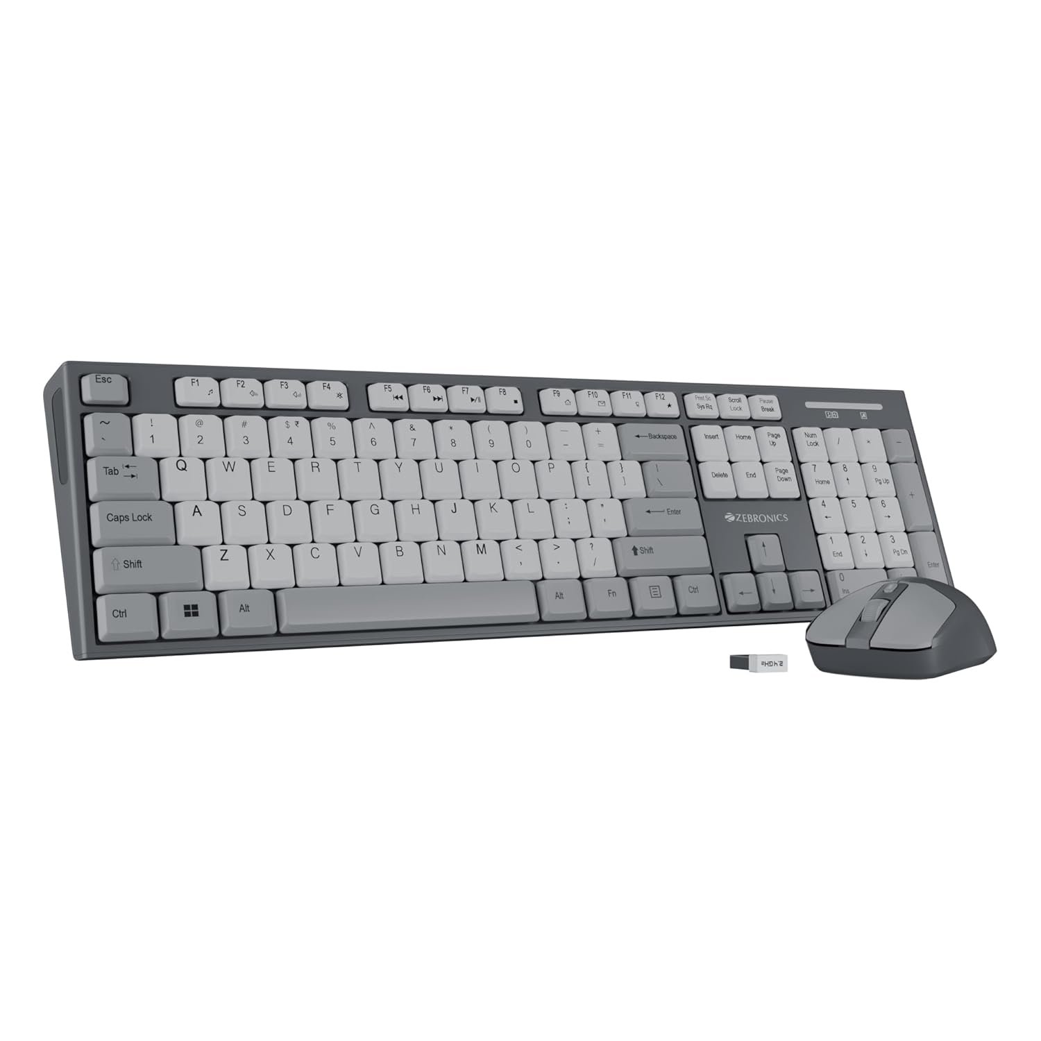 Zebronics Wireless Keyboard & Mouse Combo, 104 UV-Printed Keys, ₹ Key, 12 Multimedia Keys, Retractable Stand, 4 Button Mouse, 1600 DPI, High Precision, USB Nano Receiver (Companion 304, Grey)