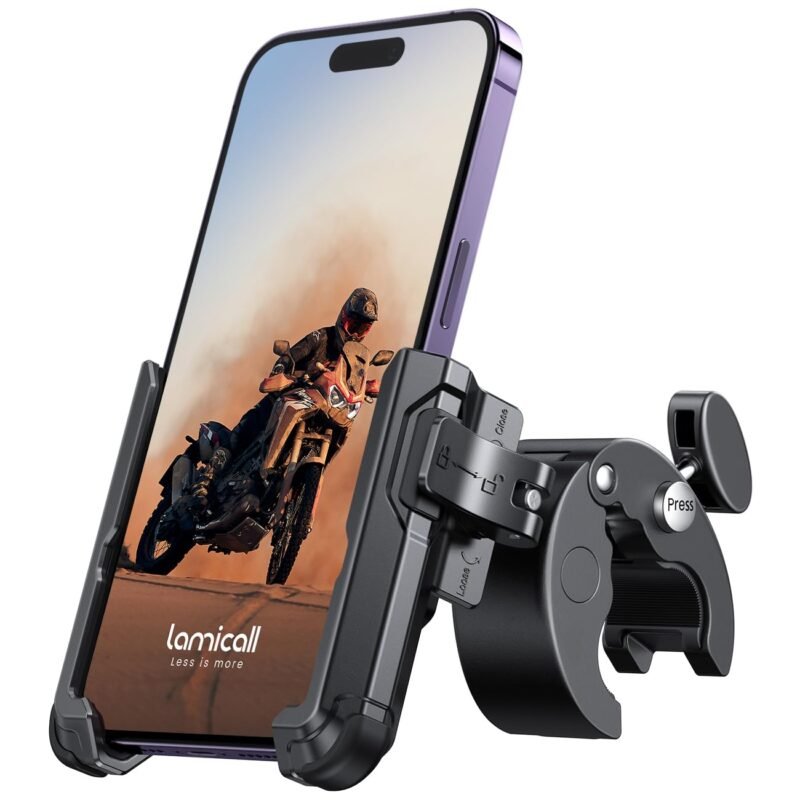 Lamicall Motorcycle Phone Mount Holder - [Camera Friendly] [1s Lock] 2023 Bike Phone Holder Handlebar Clamp, Bicycle Scooter Phone Clip, for iPhone 14 Pro Max, 13 12 Mini, 2.4~3.54" Wide Phones, Black