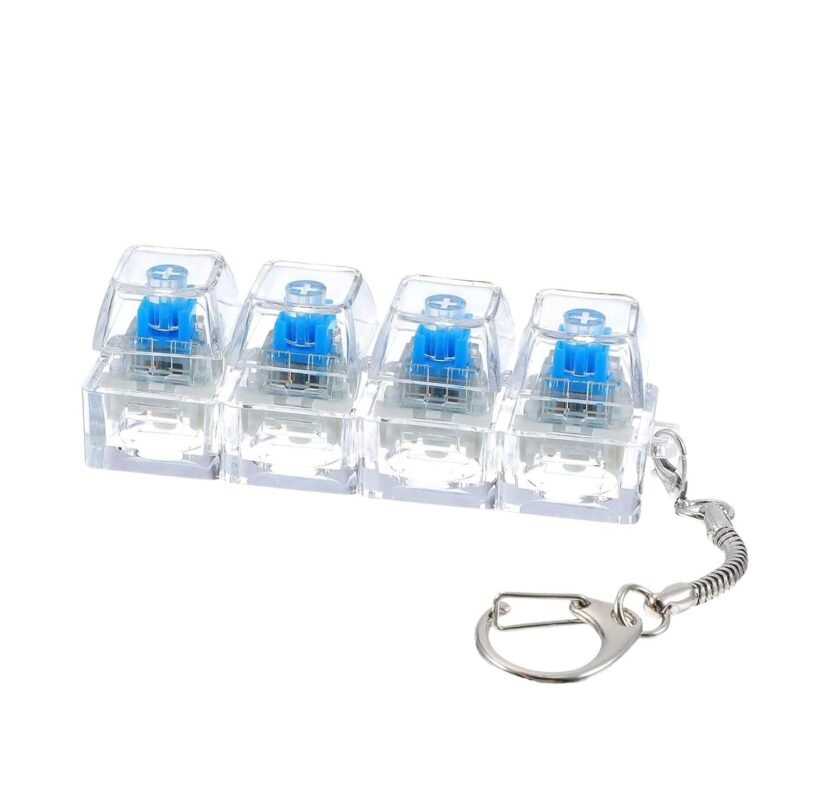 Mechanical Keyboard Switch Keychain, Blue Transparent Switches, Stress Relief Fidget Toy with Metal Clip
