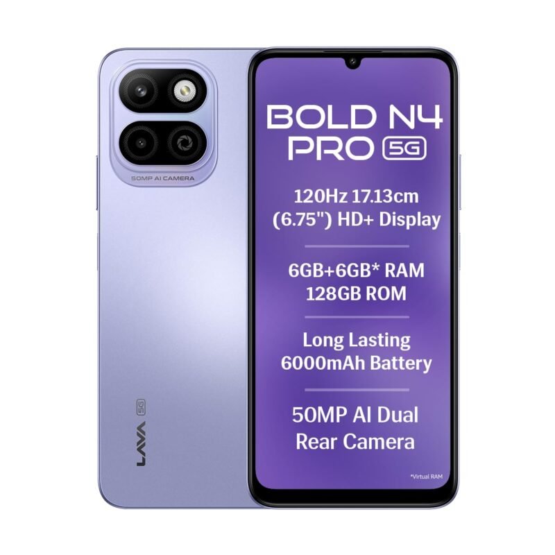 Lava Bold N4 Pro 5G (Opulent Lilac, 6GB RAM, 128GB Storage) | 50MP AI Rear Camera | 6000mAh Battery with 18W Fast Charge | 500K+ Antutu | IP64 Rated |Clean Android 16 | Free Service @ Home