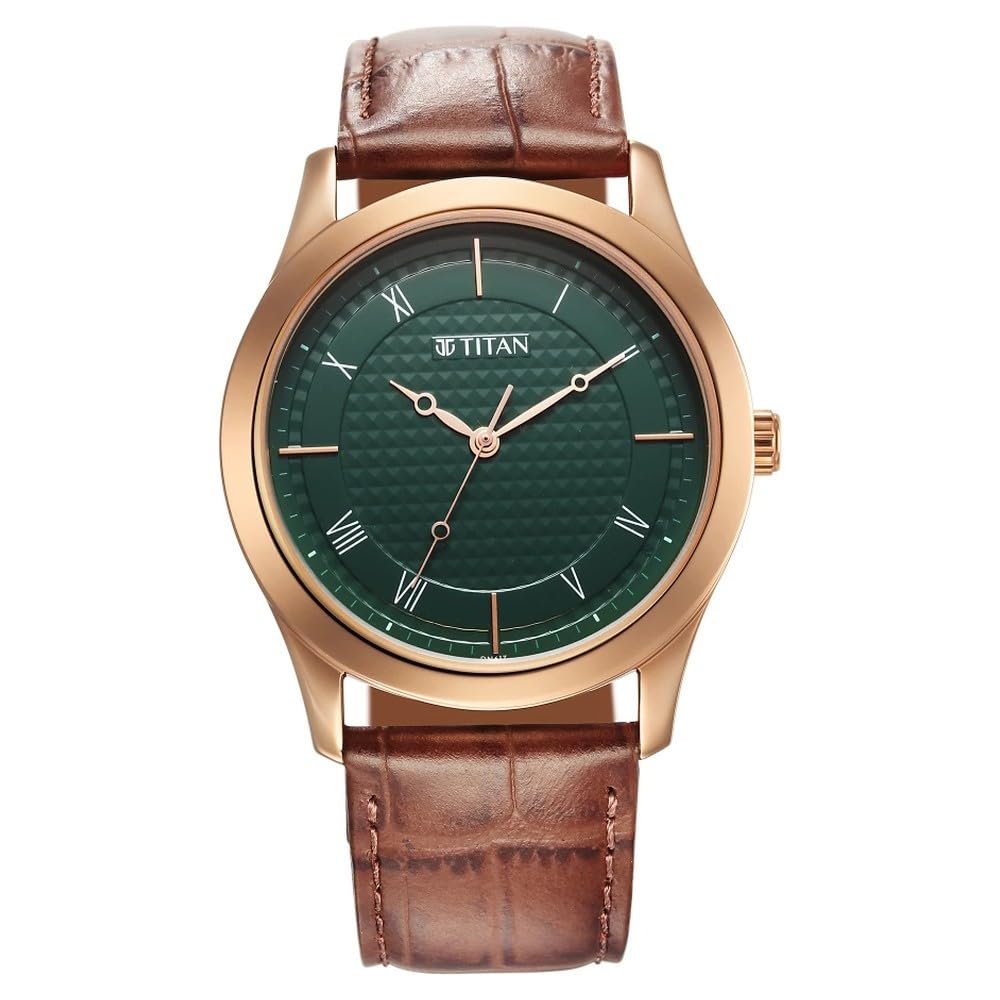 Titan Karishma Quartz Analog Green Dial Brown Leather Strap Watch for Men - NT1823WL02