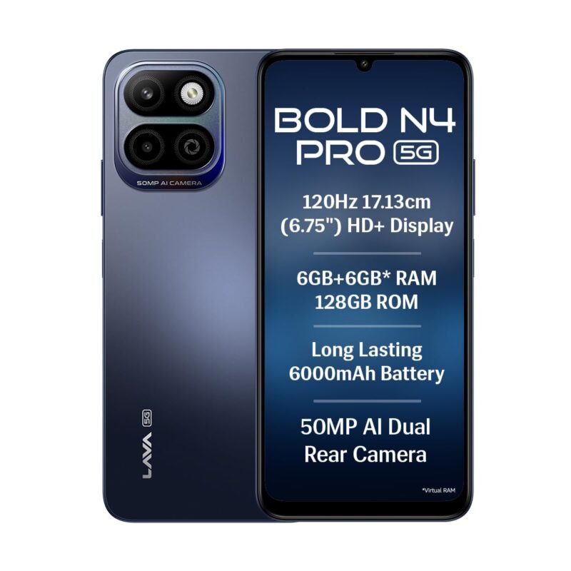 Lava Bold N4 Pro 5G (Monaco Blue, 6GB RAM, 128GB Storage) | 50MP AI Rear Camera | 6000mAh Battery with 18W Fast Charge | 500K+ Antutu | IP64 Rated |Clean Android 16 | Free Service @ Home