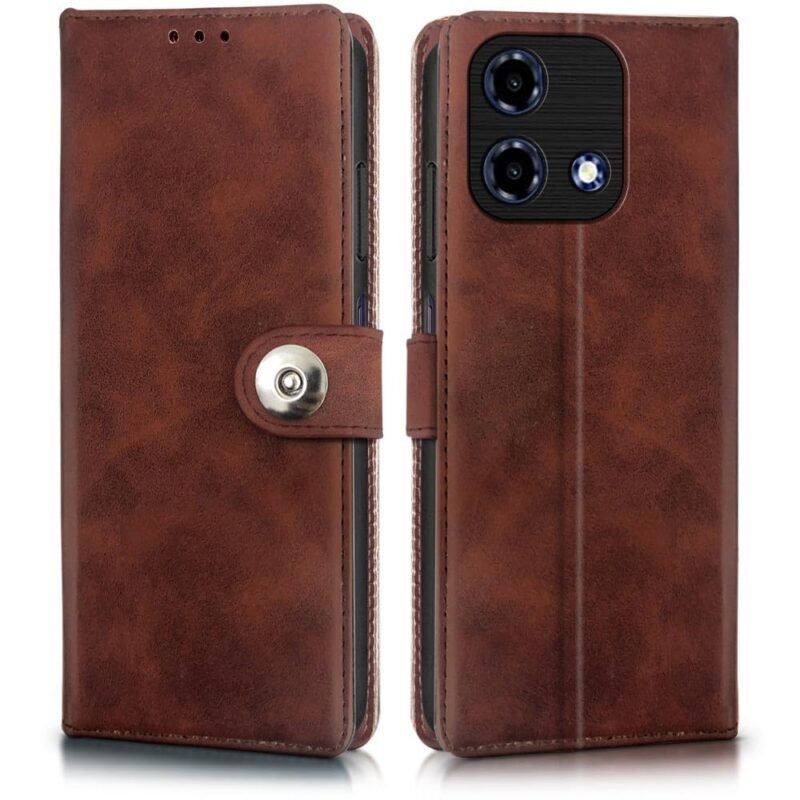 WOW IMAGINE Shock Proof Flip Cover Back Case for Lava Bold N2 5G (Magnetic Button Flip Case | Wallet Pockets & Stand | Leather Finish | Coffee)