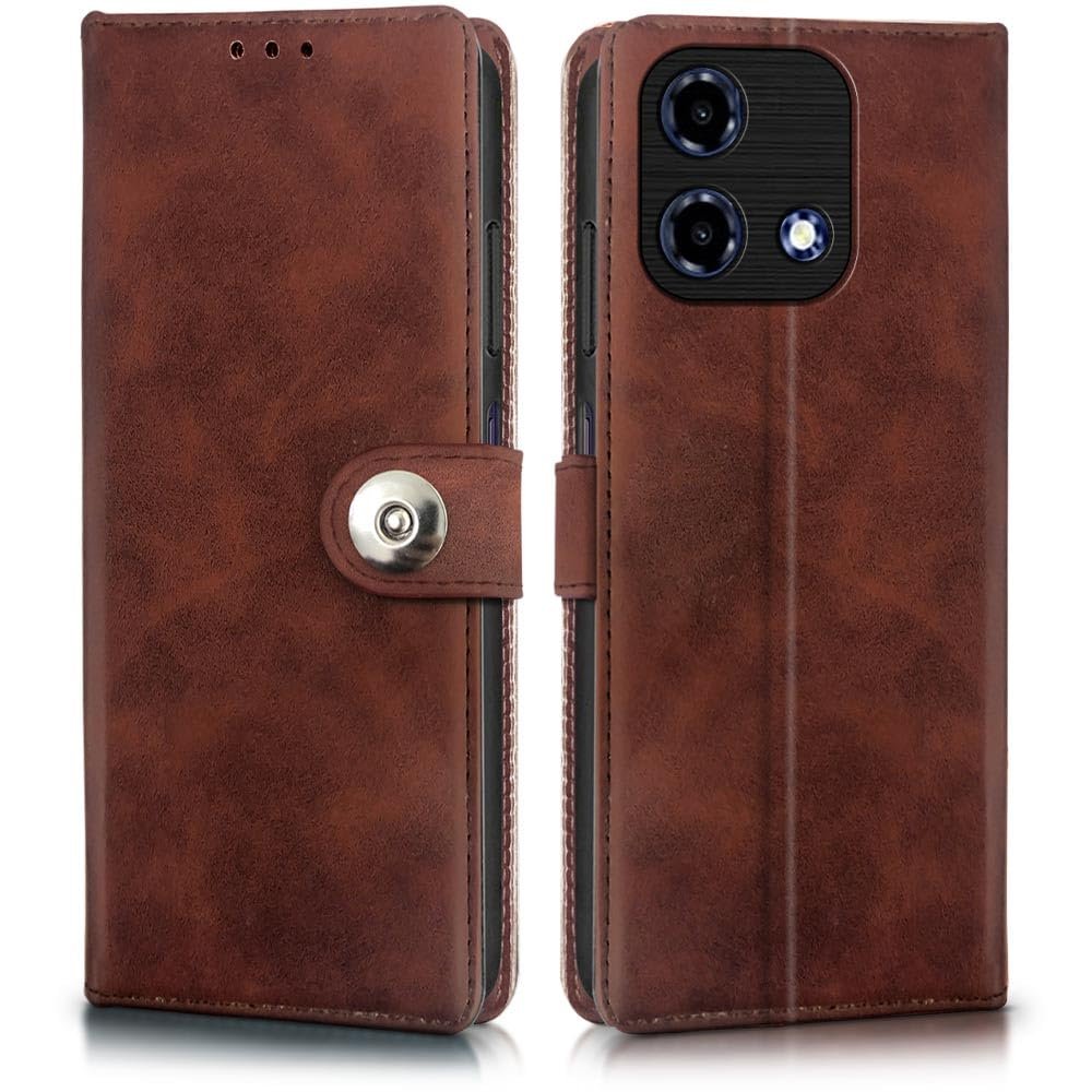 WOW IMAGINE Shock Proof Flip Cover Back Case for Lava Bold N2 5G (Magnetic Button Flip Case | Wallet Pockets & Stand | Leather Finish | Coffee)