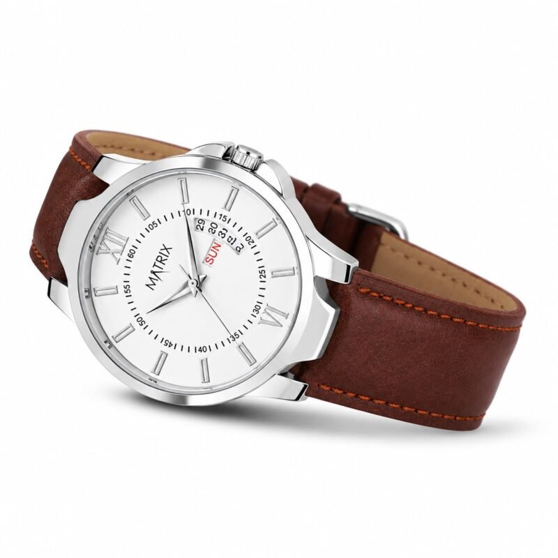 Matrix Antique Day & Date Leather Strap Analog Silicone Watch For Men & Boys - Black