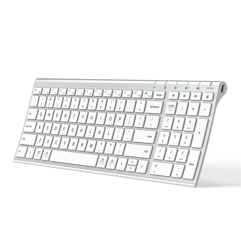 iClever Bluetooth Keyboard BK10, Multi-Device Rechargeable Wireless Keyboard with Number Pad, Ergonomic Design, Ultra-Thin, Minimalist Design Keyboard for Windows iPad iPhone Tablet, Sliver