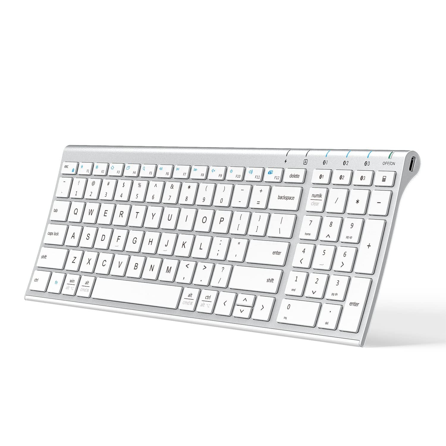 iClever Bluetooth Keyboard BK10, Multi-Device Rechargeable Wireless Keyboard with Number Pad, Ergonomic Design, Ultra-Thin, Minimalist Design Keyboard for Windows iPad iPhone Tablet, Sliver