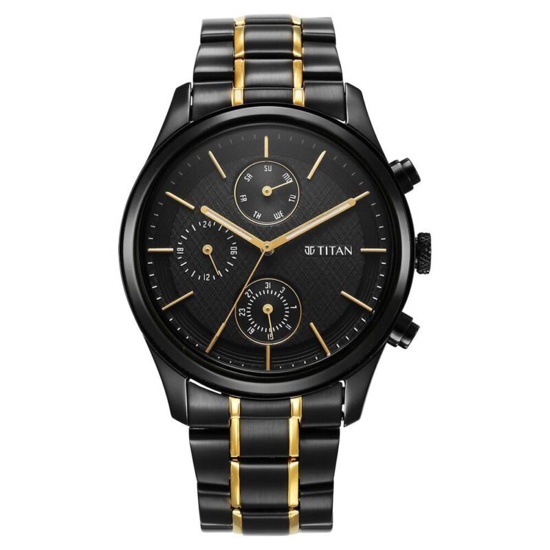 Titan Quartz Multifunction Black Dial Two Toned Black & Gold Stainless Steel Strap Watch for Men - NT1805KM06