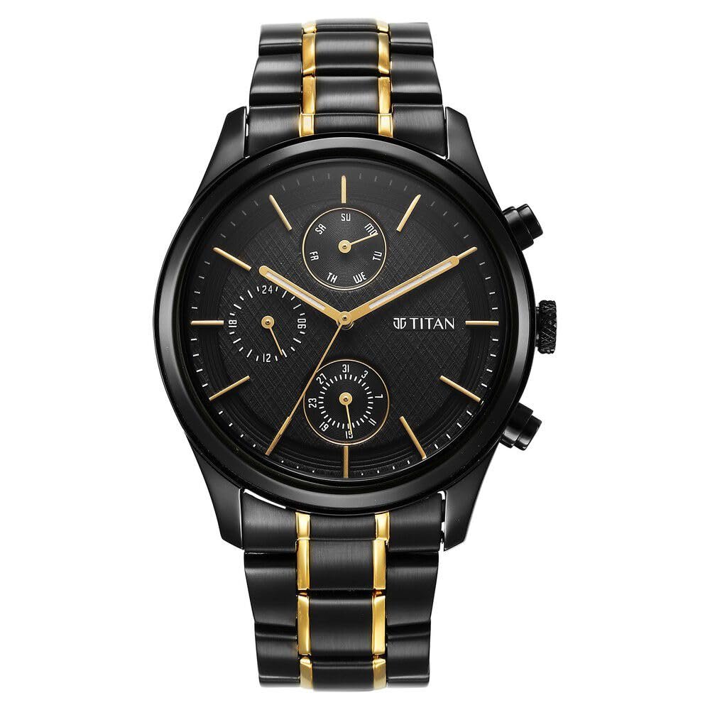 Titan Quartz Multifunction Black Dial Two Toned Black & Gold Stainless Steel Strap Watch for Men - NT1805KM06