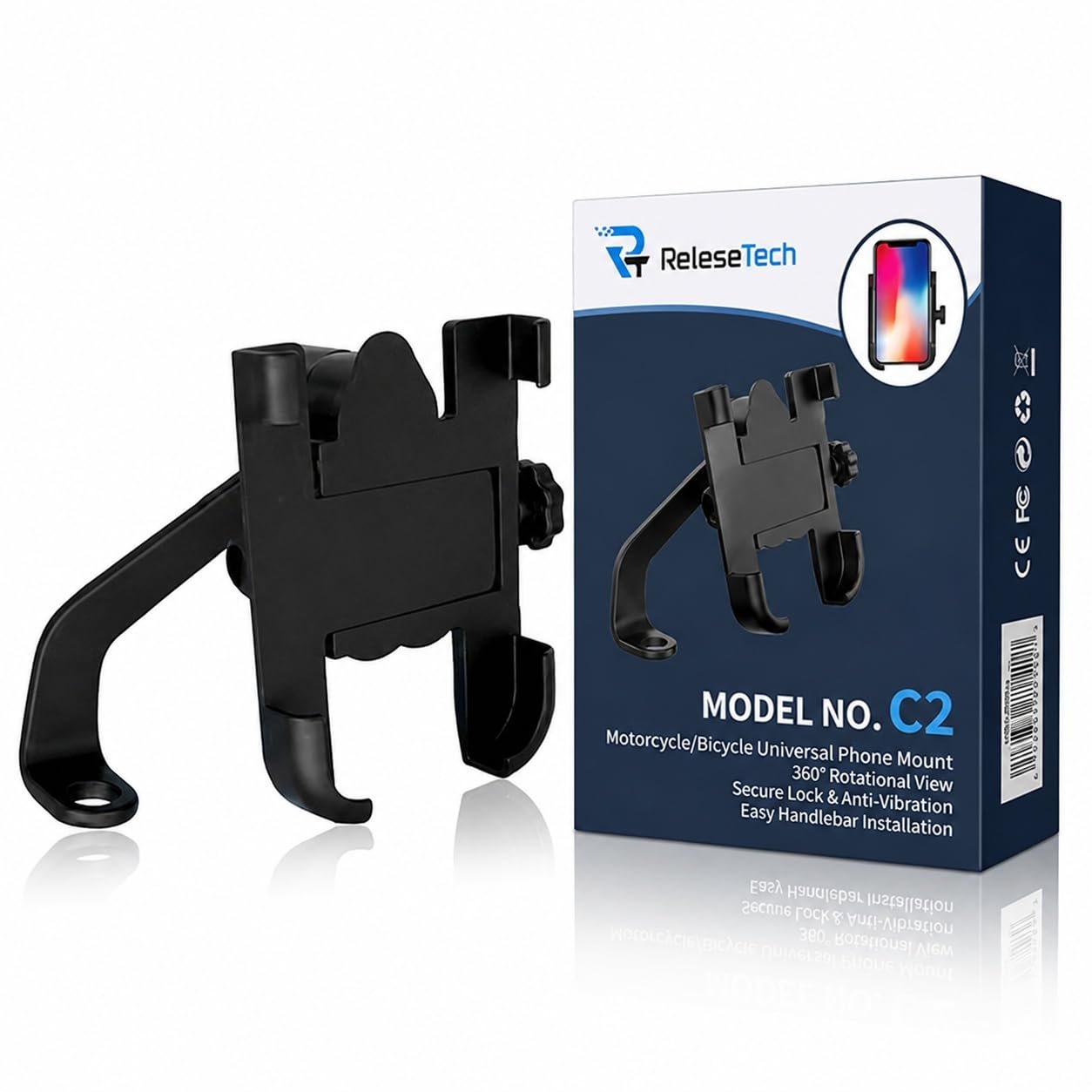 Universal Bike Phone Holder C2, 360° Rotatable Quick Lock Mobile Mount with Anti-Slip Grip, Shockproof Handlebar Stand for Bicycle, Motorcycle, Scooter & Smartphones