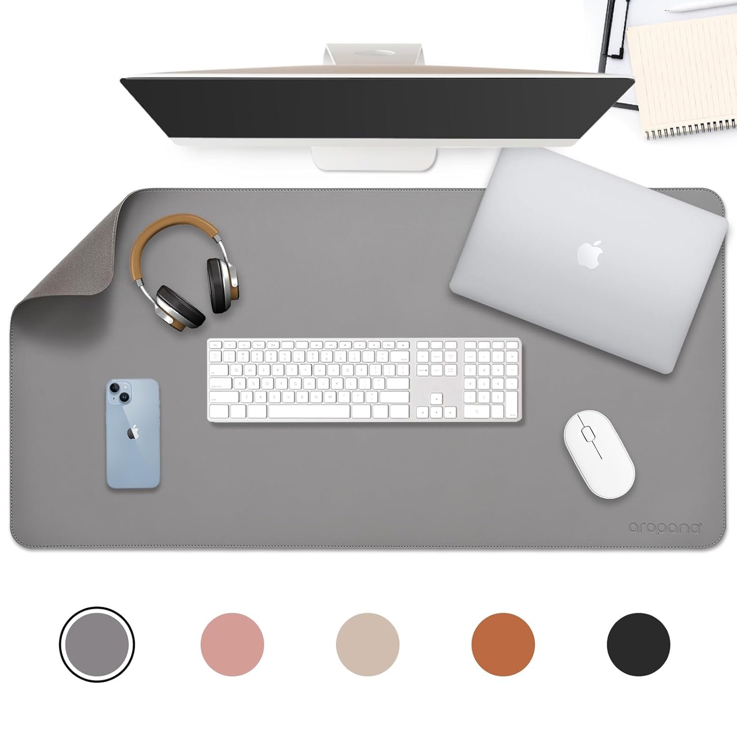 AROPANA Anti-Slip Extended Mouse Pad 90x45cm | PU Vegan Leather Desk Mat | Large Computer Desk Protector Pad with Suede Base for Keyboard, Laptop, Office & Home (Grey)