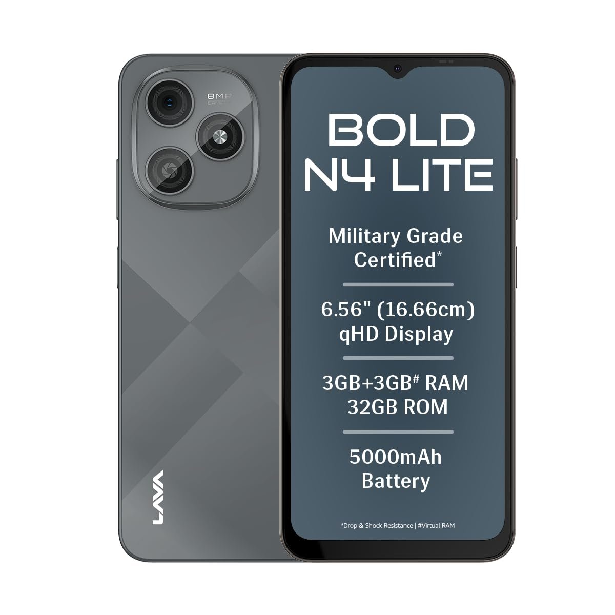 Lava Bold N4 Lite (Ghost Silver, 3GB RAM, 32GB Storage) | 6.56" qHD Display | 8MP Rear Camera | 5000 mAh Battery | Free Service @ Home | Fingerprint Reader | Charger & Phone-Cover in Box