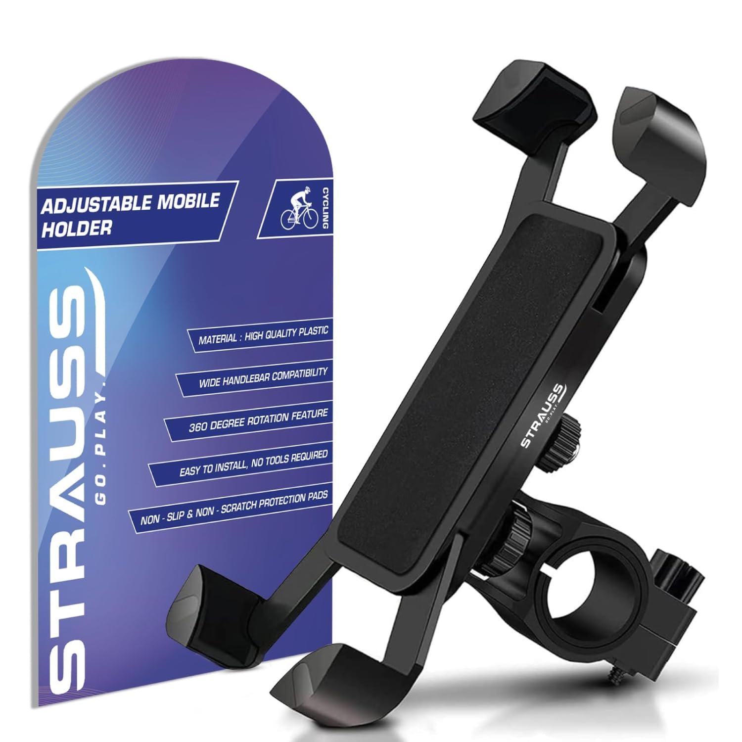 STRAUSS Bike Mobile Holder - 360° Rotation | Anti-Shake Cradle Clamp | Compatible with Smartphones | Bike Phone Mount for GPS & Maps (Black)