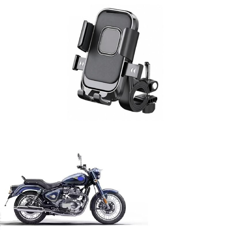 Bike Mobile Holder for Motorcycle & Scooter, One Touch Auto Lock Phone Mount, 360° Rotatable Handlebar Phone Stand, Secure Mechanical Lock, Adjustable Smartphone Holder for Enfield Bullet 650