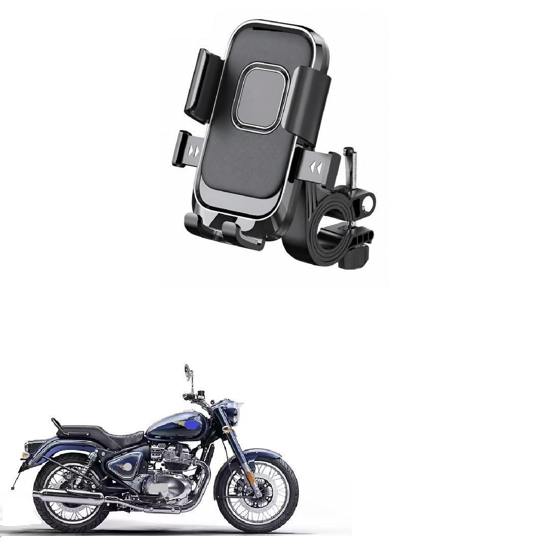 Bike Mobile Holder for Motorcycle & Scooter, One Touch Auto Lock Phone Mount, 360° Rotatable Handlebar Phone Stand, Secure Mechanical Lock, Adjustable Smartphone Holder for Enfield Bullet 650