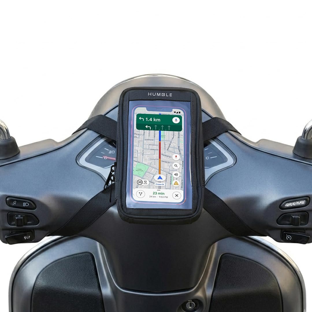 Humble® Universal Scooty & Scooter Mobile Holder Touch-Friendly Water-Resistant Phone Mount with Storage Pocket and Anti Slip Handlebar Grip for Activa, Jupiter, Access, Fits Up to 6.8 Inch (Black)