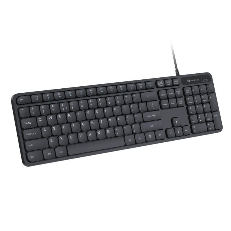 Portronics Ki-Pad 3 USB Wired Keyboard with Large Keycaps, Noise-Free Typing, Fn Multimedia Hotkeys, Full-Size Layout with Num Pad, Ergonomic Design, 1.5m USB Cable, for Laptop, PC, Mac (Black)