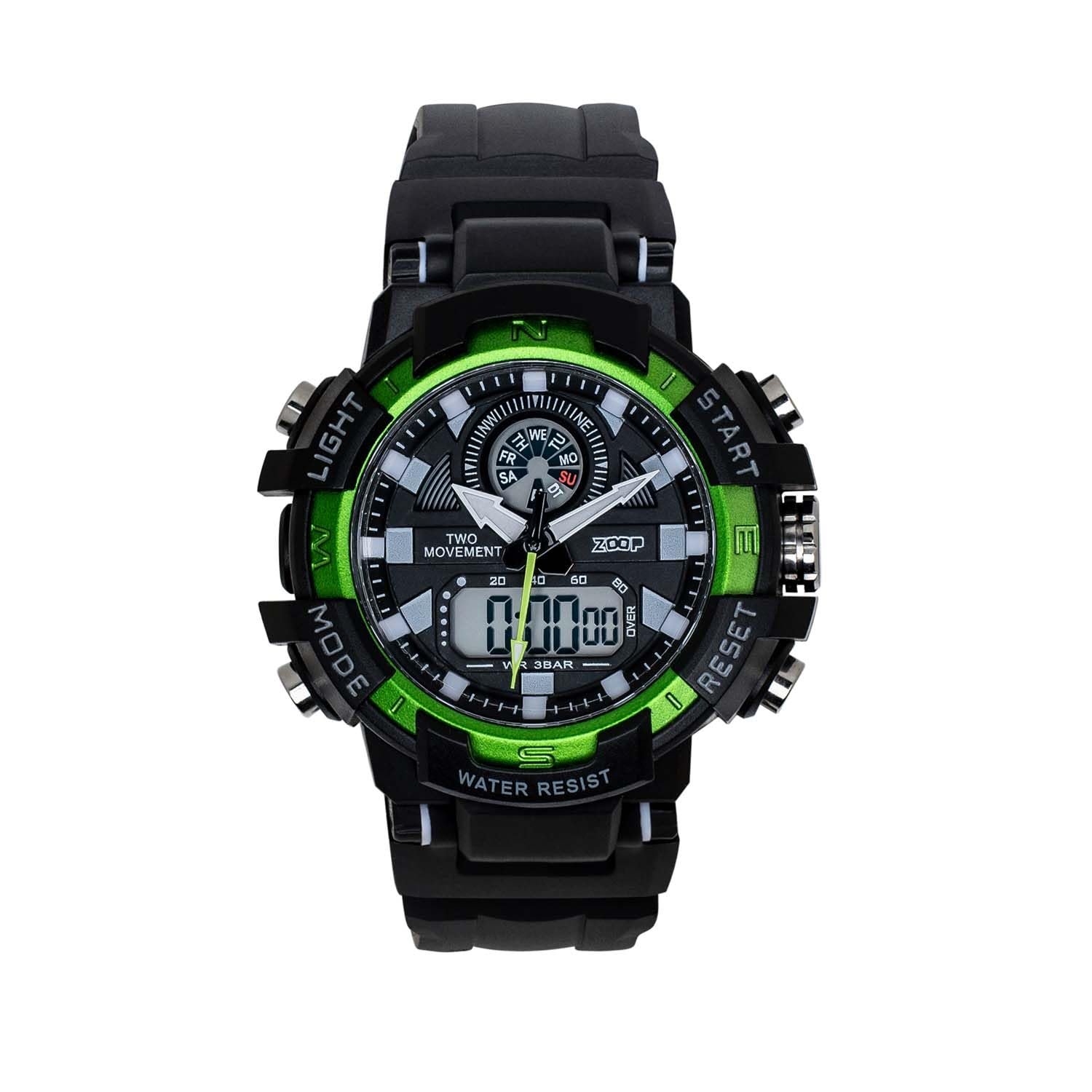 Zoop Bolt Ana Digi Watch with Black and Green Multi Color Case and Black Color Strap for Boys Kids, from House of Titan - 16058PP02W