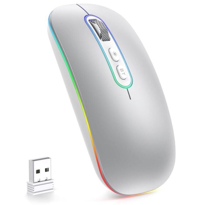 cimetech Dual Mode (BT 5.1+2.4G) Wireless Mouse with LED Lights, Silent Portable Lightweight Rechargeable Mouse for Laptop, Compatible with Mac OS/Windows/Chrome OS - Silver