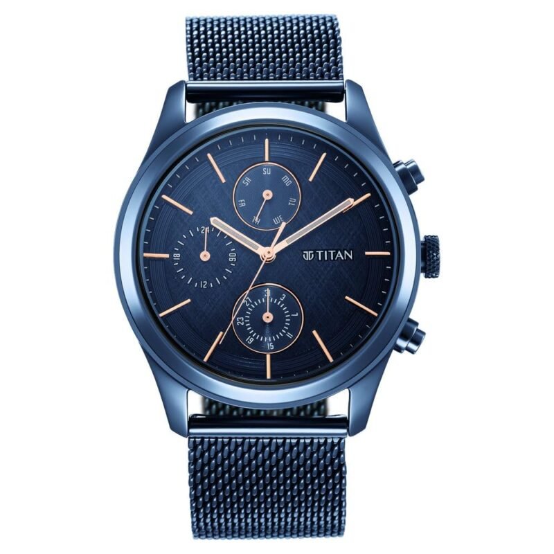 Titan Neo Splash Sartorial Quartz Multifunction Midnight Blue Dial Metallic Blue Strap Watch for Men - NT1805QM02
