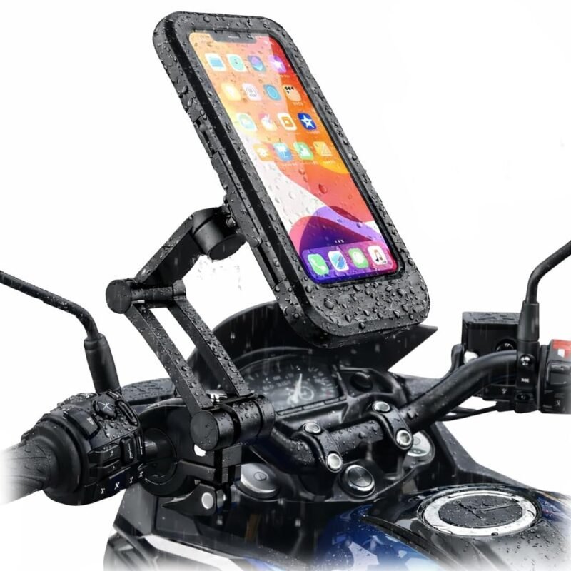 Waterproof Bike Phone Mount, 360° Rotation Motorcycle Handlebar Cell Phone Holder Case with Sensitive Touch Screen, Universal Bicycle Stand for 4 to 7.2 Inch Smartphones, Black
