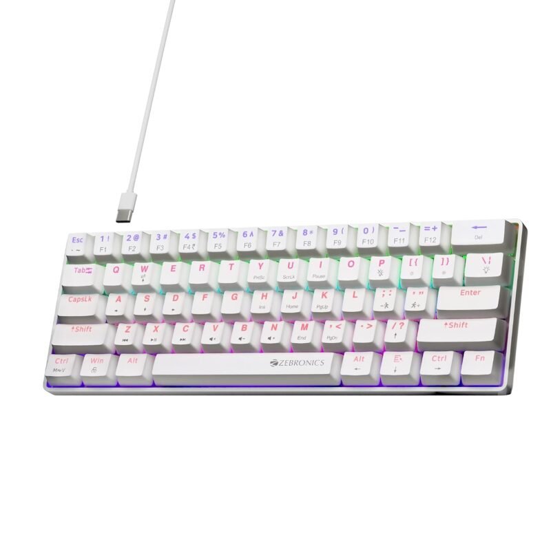 Zebronics Mechanical Keyboard, Silent Linear Red Switches, 61 Keys Layout, 26 Key Anti Ghosting, Double Shot Keycaps, 17 LED Modes, Media Controls, 1.5m Cable (Max Ninja 61, White)